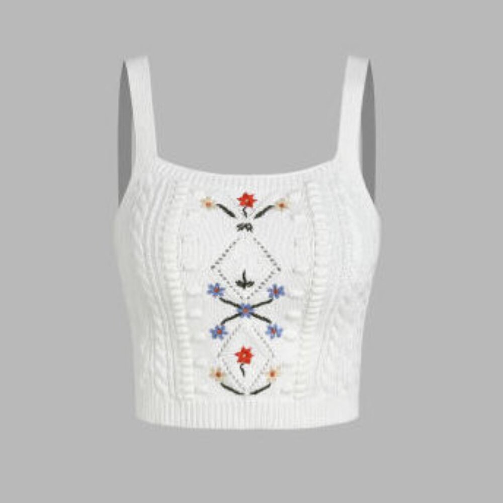 CIDER Floral Knitted Square Neck Crop Tank Top